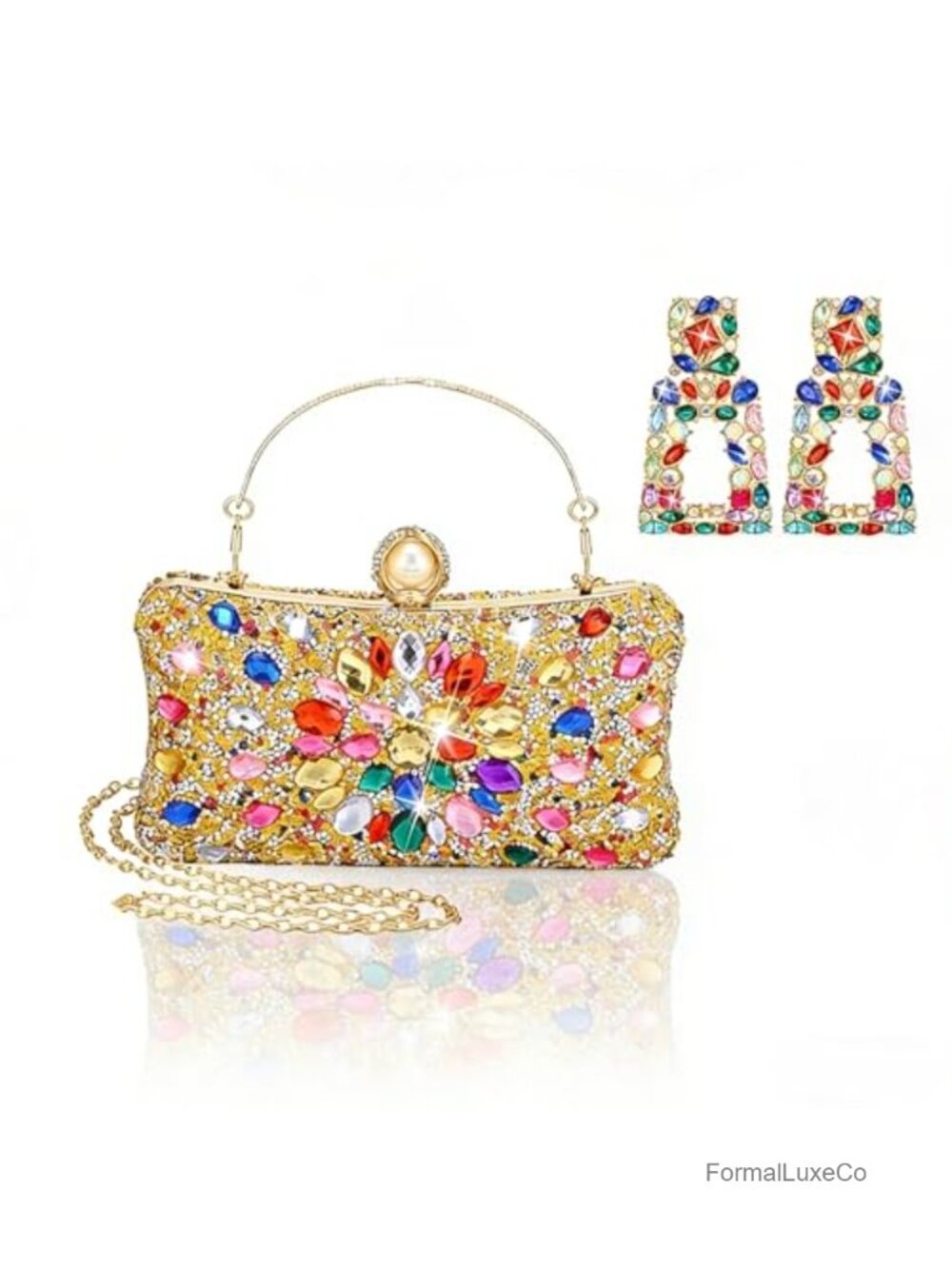 Rhinestone Clutch Purse with Earrings Set Evening Bag Detachable Strap